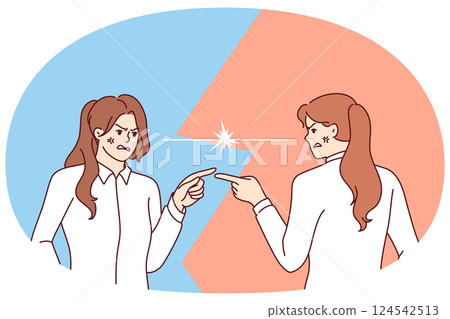 Angry women argue and point fingers at each other, blaming colleague for making mistake at work 124542513