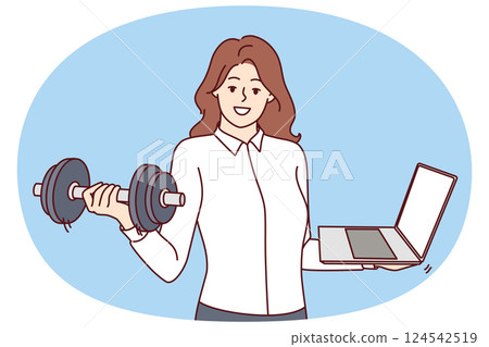 Busy woman with laptop and dumbbells multitasking and doing fitness to support figure Busy woman with laptop and dumbbells multitasking and doing fitness to support figure 124542519