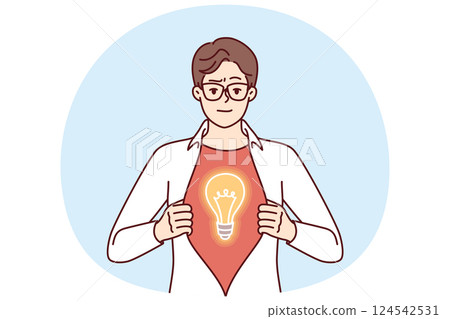 Businessman with brilliant idea rips shirt on chest showing off superhero costume with light bulb 124542531