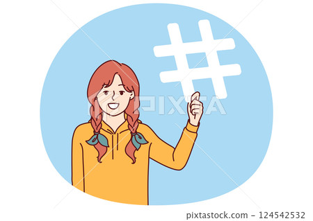 Little girl is holding hashtag symbol offering to use sign to tag friends in social media posts 124542532