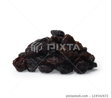 Heap of black raisins isolated on white background. 124542672