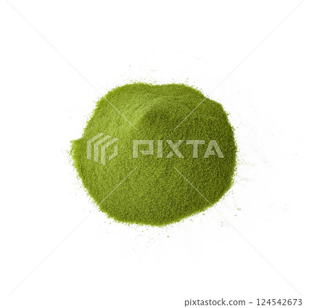 Powdered matcha green tea scattered on white background top view copy space 124542673