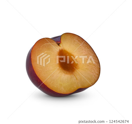 Isolated plums. Half of blue plum fruit with leaves isolated on white background, with clipping path 124542674