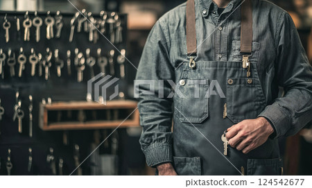 Professional locksmith in uniform holding key near organized wall of hanging keys in workshop. Concept of security, key duplication, locksmith service, access control, home safety, repair 124542677