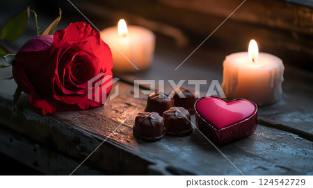 Romantic scene with red rose, heart-shaped chocolate, and candles on valentine's day. concept of love, passion, and romantic atmosphere. concept of love, romance, intimacy, passion 124542729