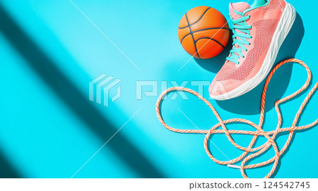 Vibrant banner featuring peach sneakers and basketball for dynamic sports store concepts of fitness, active lifestyle, creativity. copy space 124542745