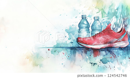Watercolor banner with running shoes and bottled water for sports store. concept of fitness, exercise equipment, healthy lifestyle. copy space 124542746