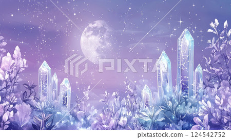 Mystical watercolor illustration of crystals and moonlit sky for astrology banner. concept of celestial art, spirituality, cosmic beauty. copy space 124542752