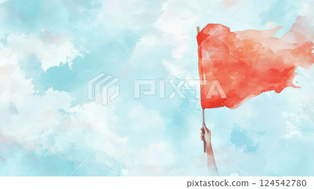 Watercolor illustration celebrating international workers' day with red flag against sky. concept of labor solidarity, workers' rights, unity in diversity, artistic expression 124542780