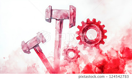 Abstract watercolor illustration celebrating international workers day with vibrant gear and hammer motifs reflecting the spirit of labor and unity Abstract watercolor illustration celebrating international workers day with vibrant gear and hammer motifs reflecting the spirit of labor and unity 124542783