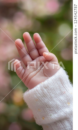 Close up of a baby hand in soft white knitted sleeve against blurred floral background. Concept of innocence, tenderness, newborn care, delicate touch, childhood purity, vertical 124542787