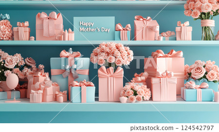 Bright pastel store shelf with mother's day gifts and decorations showcasing floral arrangements and gift boxes. concept of gift giving, celebration, family appreciation, festive decor. 124542797