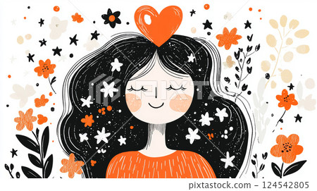 Whimsical childlike sketch of a smiling woman celebrating mother's day surrounded by floral and heart elements. concept of maternal love, celebration, family, artistic expression 124542805
