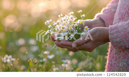 Close-up of a grandmother holding daisies in sunlit field. concept of cherished generations, tender moments, maternal love, nature's beauty, elderly woman, flowers, copy space 124542820