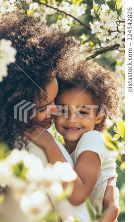 Loving african american mother and daughter embrace in blooming garden. concept of mothers day celebration, family bonding, parental love, joyful childhood moments, woman and child girl. Vertical 124542826