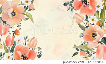Watercolor floral frame with pastel peach and white flowers on light background. Concept of spring decoration, greeting card design, botanical art, floral illustration, wedding invitation, copy space 124542841