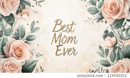Elegant watercolor floral banner celebrating mothers day with soft pastel roses and leaves, a tribute to the best mom ever, Best Mom Ever greeting card 124542852