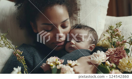 Tender moment on mother's day, african american mother cuddling baby surrounded by flowers. concept of maternal love, family bonding, parenthood, woman holding child 124542860