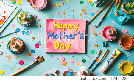 Colorful Mother's Day greeting card with vibrant paint splashes and art supplies on blue wooden background. creative handmade gift, child's present, artistic celebration, love message, DIY craft Colorful Mother's Day greeting card with vibrant paint splashes and art supplies on blue wooden background. creative handmade gift, child's present, artistic celebration, love message, DIY craft 124542861