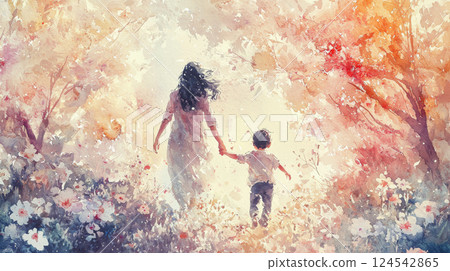 Watercolor illustration of mother celebrating mother's day with child in vibrant garden. concept of maternal bond, family love, artistic expression, nature affection 124542865