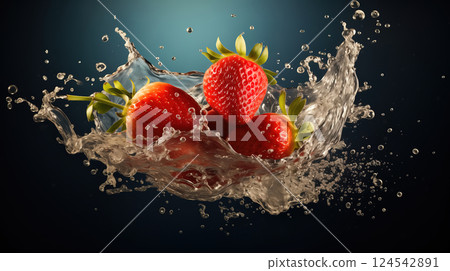 Fresh Strawberries Dive into Water, Creating a Colorful Splash 124542891