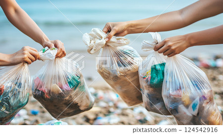 Diverse group of hands collecting trash in plastic bags on earth day beach cleanup. concept of environmental responsibility, ocean conservation, community action, volunteer work Diverse group of hands collecting trash in plastic bags on earth day beach cleanup. concept of environmental responsibility, ocean conservation, community action, volunteer work 124542916
