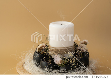 Easter holiday decoration from sustainable materials egg shell decor with candle. Copy space Diy do it yourself Gift present idea. Zero waste Crafting preparation 124543074