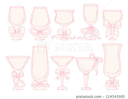 Outline Aesthetic Glasses with Ribbon Bow. Vintage Coquette Drinks and Cocktails set. Romantic Girly Vibe. Isolated Hand drawn art for bachelorette party and wedding invitations. Vector illustration Outline Aesthetic Glasses with Ribbon Bow. Vintage Coquette Drinks and Cocktails set. Romantic Girly Vibe. Isolated Hand drawn art for bachelorette party and wedding invitations. Vector illustration 124543085