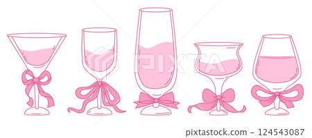 Vintage Coquette Pink drinks and cocktails. Aesthetic glasses with ribbon bow. Romantic Girly Vibe collection. Isolated Trendy art for bachelorette party and wedding invitations. Vector illustration Vintage Coquette Pink drinks and cocktails. Aesthetic glasses with ribbon bow. Romantic Girly Vibe collection. Isolated Trendy art for bachelorette party and wedding invitations. Vector illustration 124543087