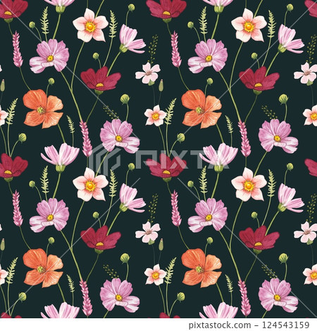 Floral seamless pattern with meadow flowers on a dark background, watercolor 124543159