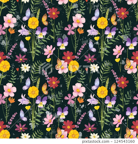 Floral seamless pattern with meadow flowers on a dark background, watercolor 124543160