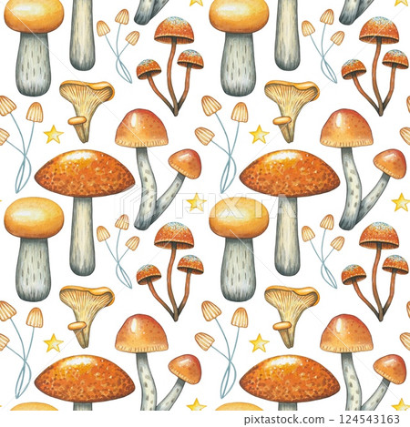 Seamless pattern with mushrooms on a white background, watercolor illustration 124543163