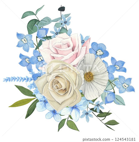 Watercolor floral bouquet. Roses with blue flowers and leaves. Watercolor illustration Watercolor floral bouquet. Roses with blue flowers and leaves. Watercolor illustration 124543181