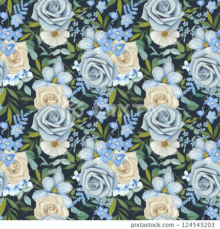 Floral seamless pattern with blue and beige roses and leaves, watercolor Floral seamless pattern with blue and beige roses and leaves, watercolor 124543203