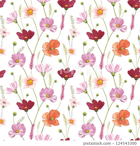 Floral seamless pattern with  meadow flowers, watercolor 124543300