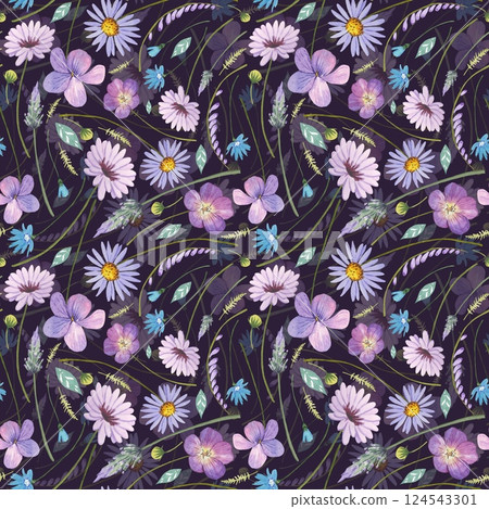 Floral seamless pattern with purple meadow flowers, watercolor Floral seamless pattern with purple meadow flowers, watercolor 124543301