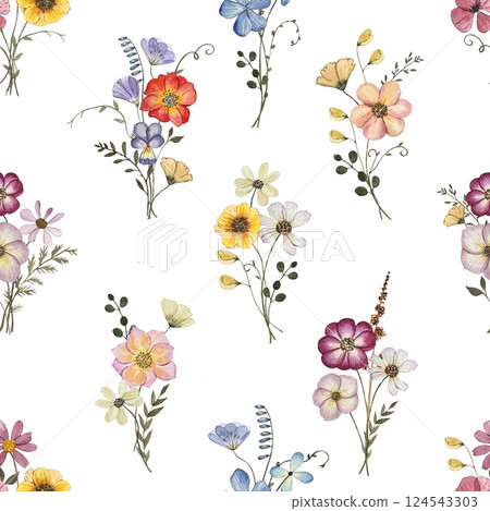 Floral seamless pattern with dried pressed flowers. Watercolor on white background Floral seamless pattern with dried pressed flowers. Watercolor on white background 124543303