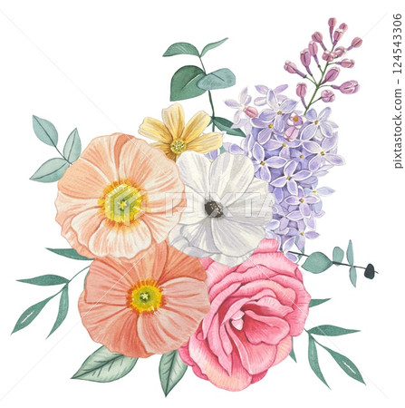 Spring floral bouquet. Floral arrangement with roses, lilacs, poppies. Watercolor illustration 124543306