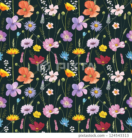 Floral seamless pattern with meadow flowers on a dark background, watercolor Floral seamless pattern with meadow flowers on a dark background, watercolor 124543313