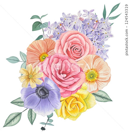 Spring floral bouquet. Floral arrangement with roses, lilacs, poppies, anemone. Watercolor illustration 124543319