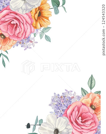 Frame with spring flowers, lilac, roses. Watercolor illustration Frame with spring flowers, lilac, roses. Watercolor illustration 124543320