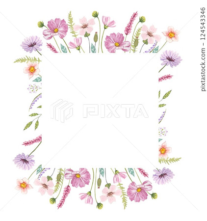 Frame with meadow flowers. Watercolor illustration 124543346