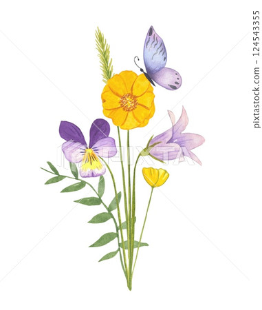 Bouquet with purple, yellow meadow flowers. Watercolor illustration 124543355