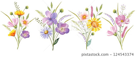 Bouquets with meadow flowers. Watercolor illustration Bouquets with meadow flowers. Watercolor illustration 124543374