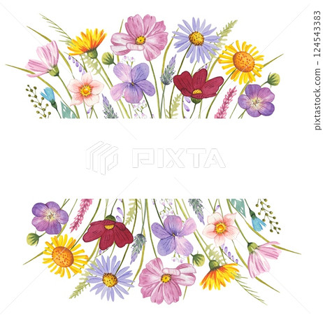 Frame with meadow flowers. Watercolor illustration 124543383