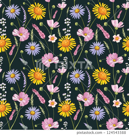 Floral seamless pattern with meadow flowers on a dark background, watercolor 124543388