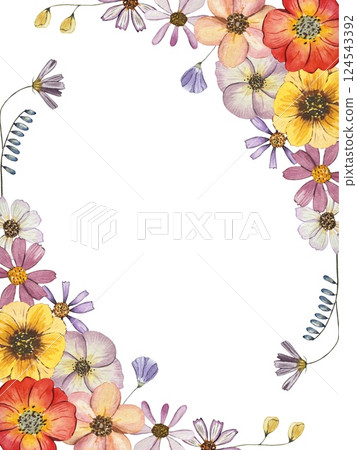Frame with watercolor pressed dried flowers. Isolated on white background 124543392