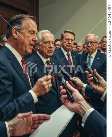 Political leaders in press conference speaking into microphones 124543497