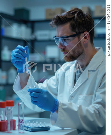 Scientist in laboratory conducting experiment with test tubes 124543511