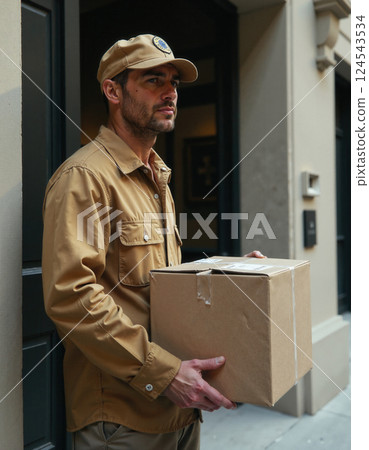 Urban delivery worker holding package in city environment 124543534